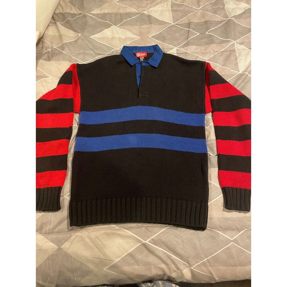 Vintage 90s Merona Men’s M Knit Rugby Polo Sweater Colorblock Striped